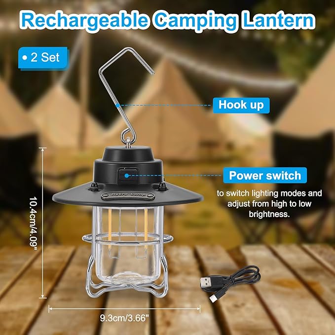 PATIKIL LED Camping Lantern, 2 Pack Vintage Rechargeable Lantern 3 Light Modes Portable Hanging