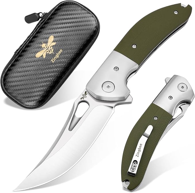 Pocket Knife with Clip, 3.7" 14C28N Blade EDC Folding Knife with Green G10 Handle, Outdoor Camping