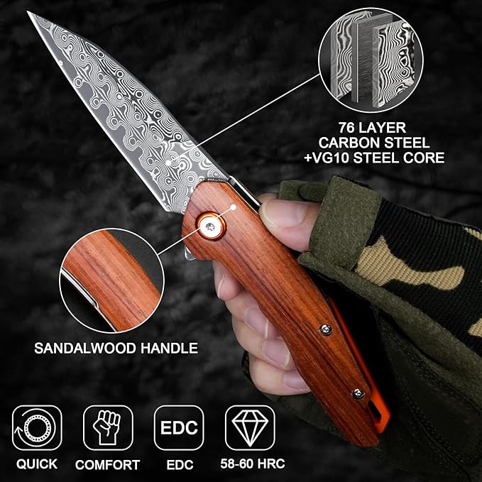 Damascus Pocket Knife for Men Women 3.03" Damascus Blade Folding Knife for EDC Outdoor Fishing
