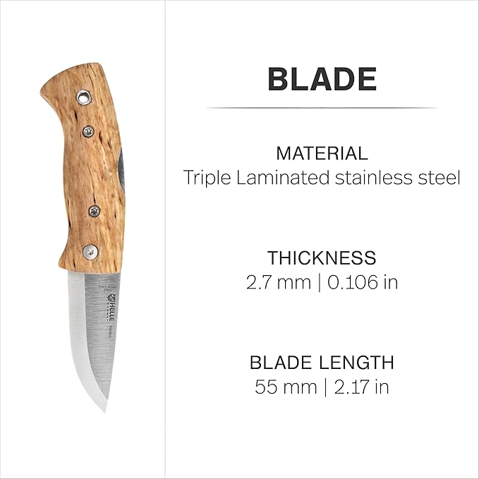 HELLE Knives - Kletten - Folding EDC Pocket Knife - Birch Wood Handle - Triple Laminated Stainless