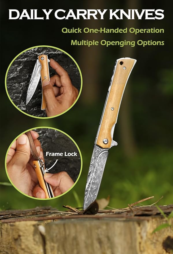 YOUSUNLONG Folding Knife Overall 215mm Camping Knife - Hammered Damascus Steel Blade - Natural