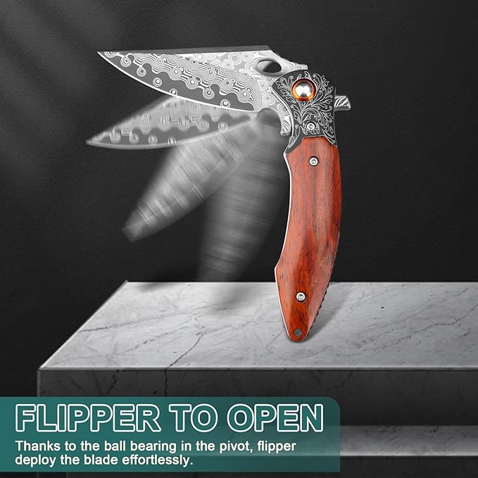 Damascus Pocket Knife, 3.27??Damascus Blade EDC Folding Knives with Guibourtia Wooden Handle