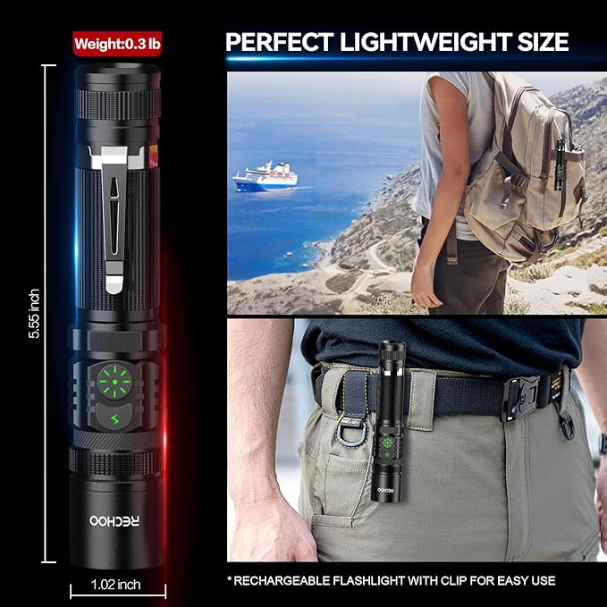 Rechargeable Flashlights 2 Pack, RECHOO High Lumens LED Tactical Flashlight with Double Switch