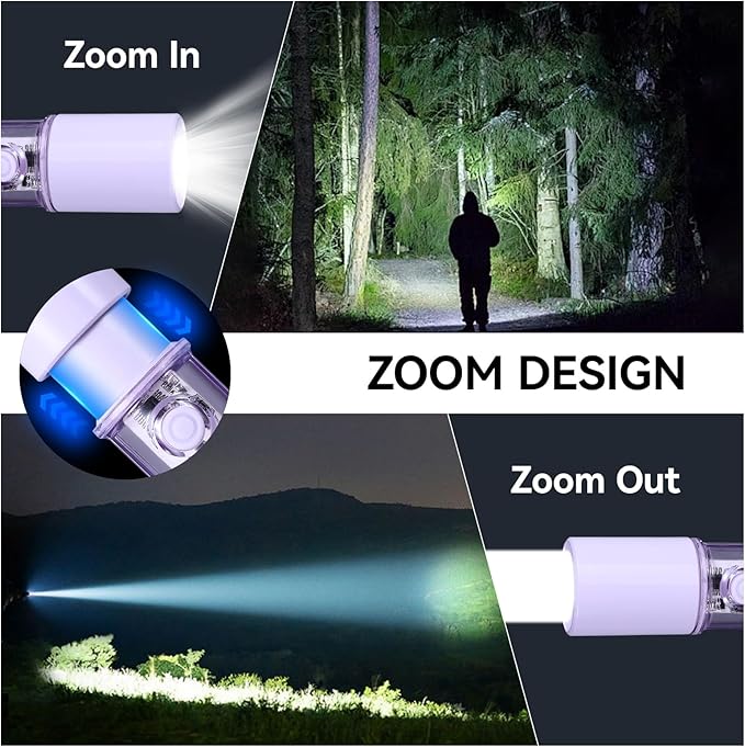 VAVOFO Purple LED EDC Flashlight - USB-C Rechargeable, Waterproof, Zoom Focus, 3 Modes, Red & Blue