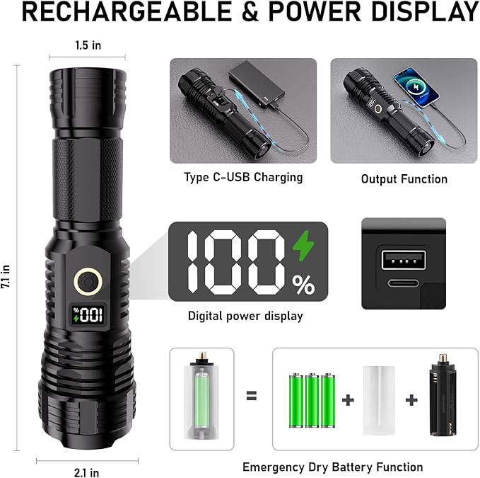 Flashlights High Lumens Rechargeable, LED Super Bright Flash Light Long Beam, Zoomable Linternas