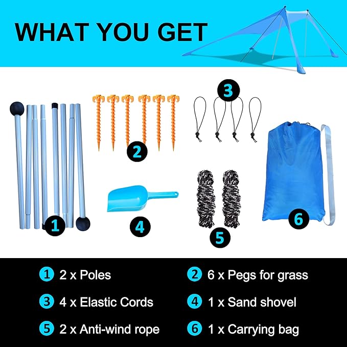 Beach Canopy Tent Sun Shade with UPF 50+ UV Protection, Beach Tent Sun Shelter with Sandbags, Poles