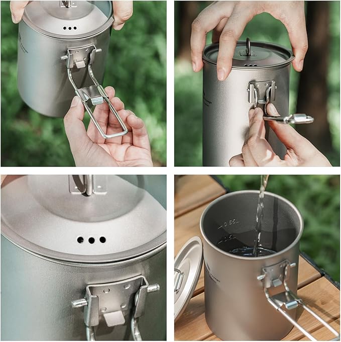 iBasingo 900ml Titanium Camping Cup with Lid Lightweight Portable Camping Pot for Backpacking