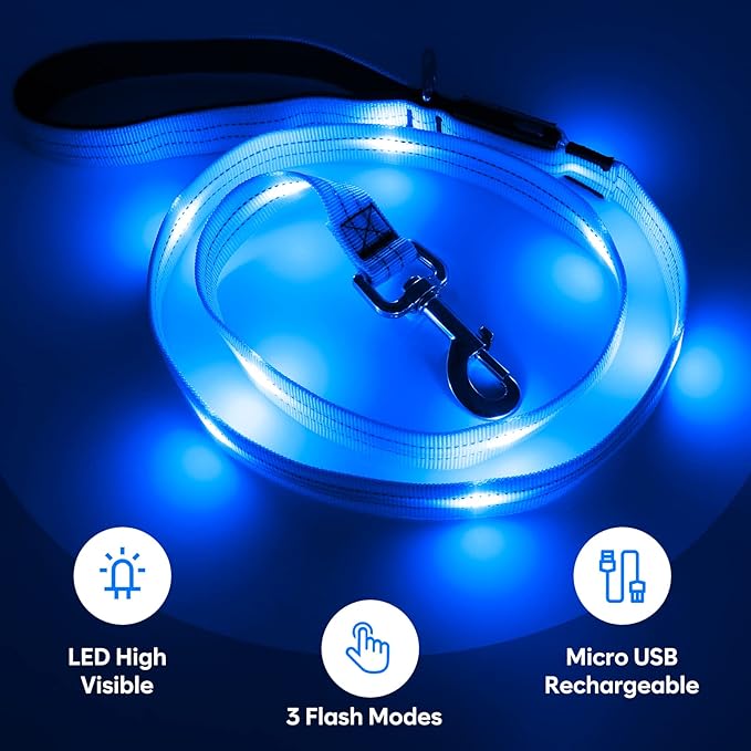4 Ft LED Dog Leash, Rechargeable Light Up, Waterproof, Glow In The Dark, Nylon Reflective With