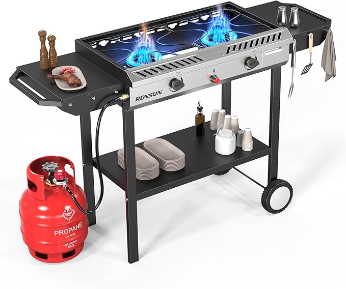 ROVSUN 2 Burner Outdoor Propane Gas Stove with Auto-ignition, Regulator & Shelf, 150,000 BTU