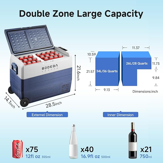 BODEGACOOLER 12 Volt Portable Refrigerator,64 Quart Car Fridge Dual Zone -4℉-68℉,60L Car Freezer