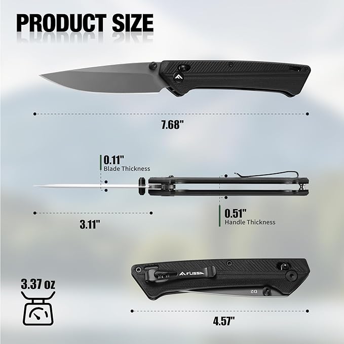 FLISSA Pocket Knife, Folding Knife with D2 Steel Blade, Shaft Lock, G10 Handle, Ball Bearing and