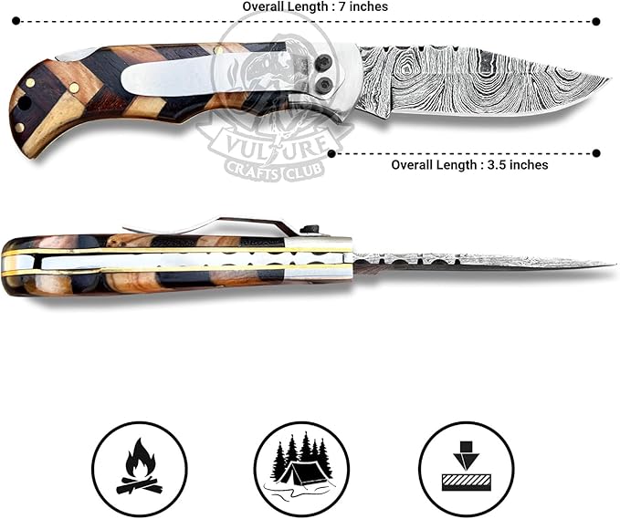 Damascus Pocket Knife for Men Handmade - 6.5 Inches Damascus Folding Knife with Sheath -Ideal for