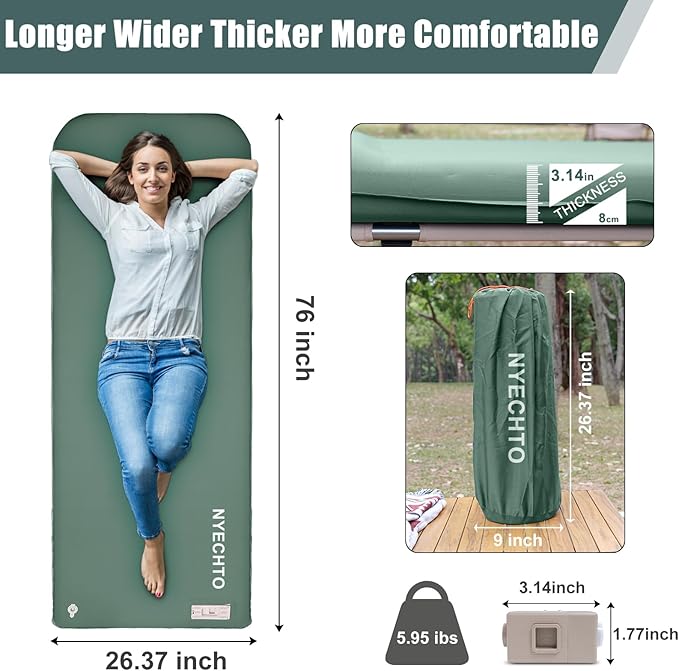 Self Inflating Sleeping Pad with Electric Pump, 3.14" Ultra-Thick Memory Foam Sleeping Mats for