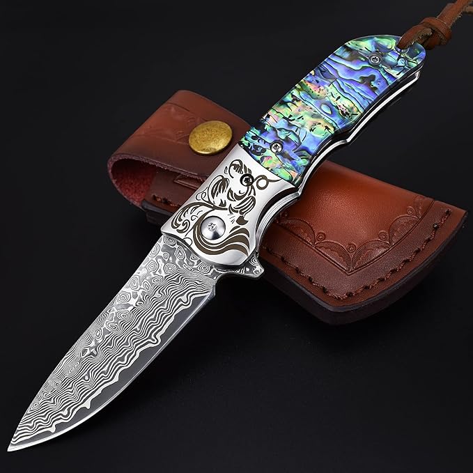 AUBEY EDC Damascus Pocket Knife with Leather Sheath, Abalone Shells Handle, Handmade Damascus Steel