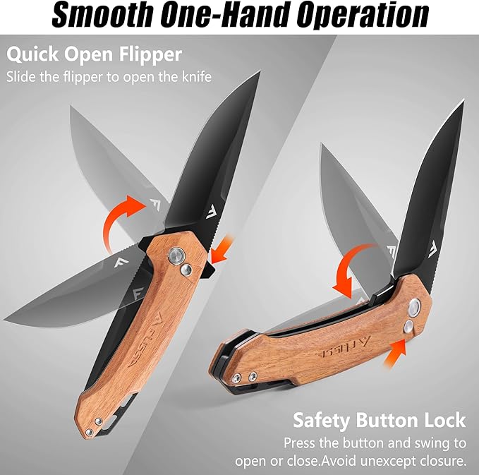 FLISSA Pocket Folding Knife, 3.2??D2 Blade Wood Handle EDC Knife with Button Lock and Pocket Clip