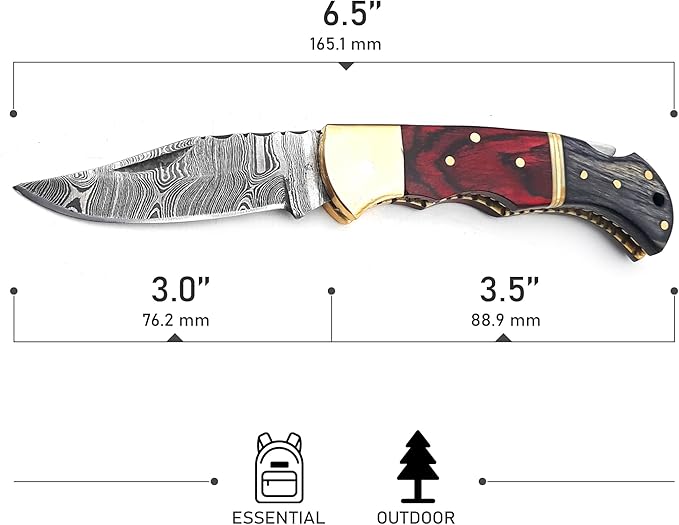 6.5 inch Damascus Pocket Knife with Sheath, Handmade Folding Pocket Knife for Men, Black-Red Wooden