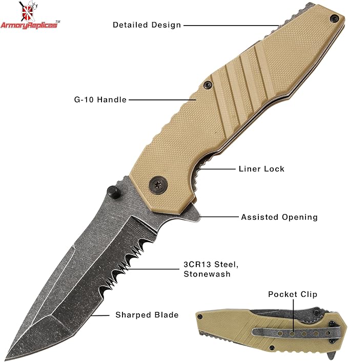 Armory Replicas??Spring Assisted Tanto Folding Knife ??3CR13 Steel Blade with Serration, G10