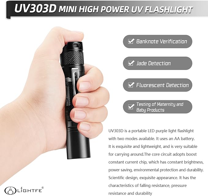 LIGHTFE UV303D 365nm Black Light UV Flashlight High Power Professional Pocket UV Light