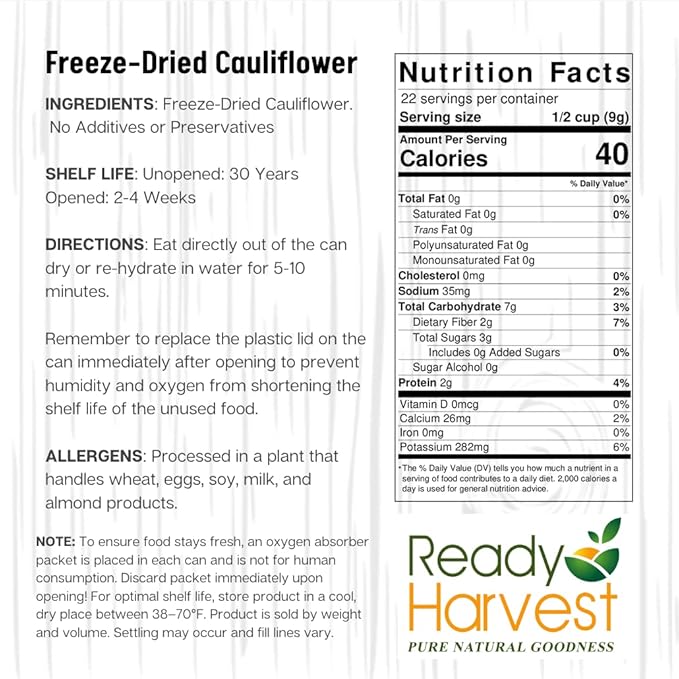 Ready Harvest Freeze Dried Food - Cauliflower | Emergency Food | Camping & Storage | #10 Can |