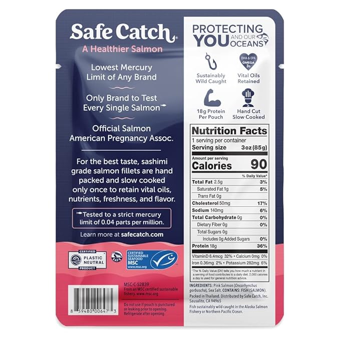 Safe Catch Wild Pacific Pink Salmon Skinless Boneless Wild-Caught Salmon Fish Pouch, Mercury