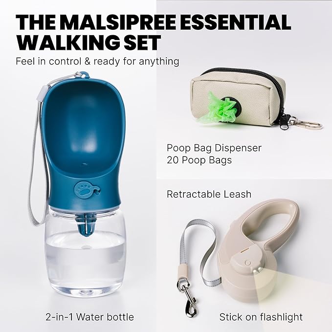 MalsiPree Walking Set with Retractable Dog Leash, Poop Bag Holder, Leak Proof 12 Oz Dog Water