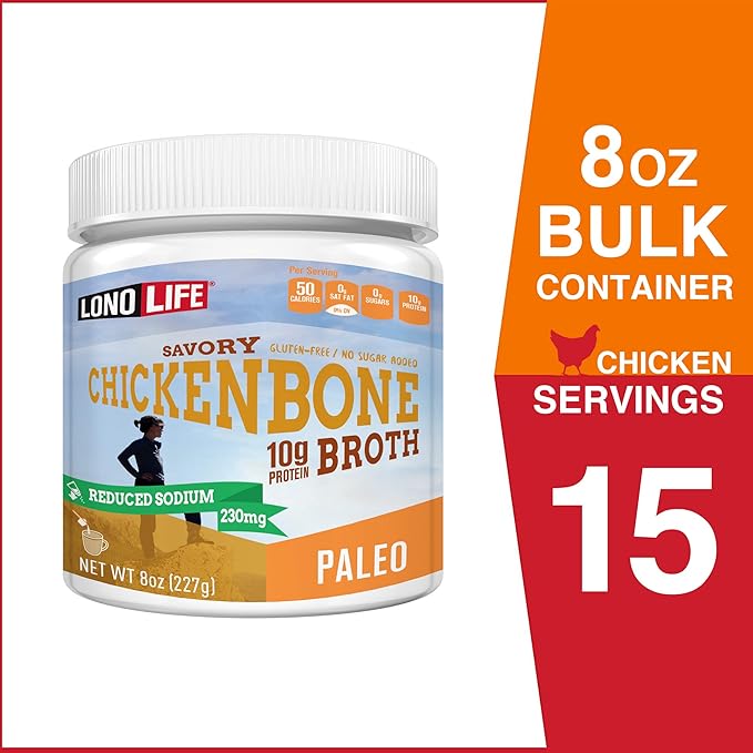 LonoLife Reduced Sodium Chicken Bone Broth Powder Mix | 10g Protein | Collagen-Rich, Keto & Paleo
