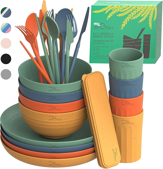 Wheat Straw Dinnerware Sets For 4 - Camping Plates Cups And Bowls Set - Dishwasher Microwave Safe