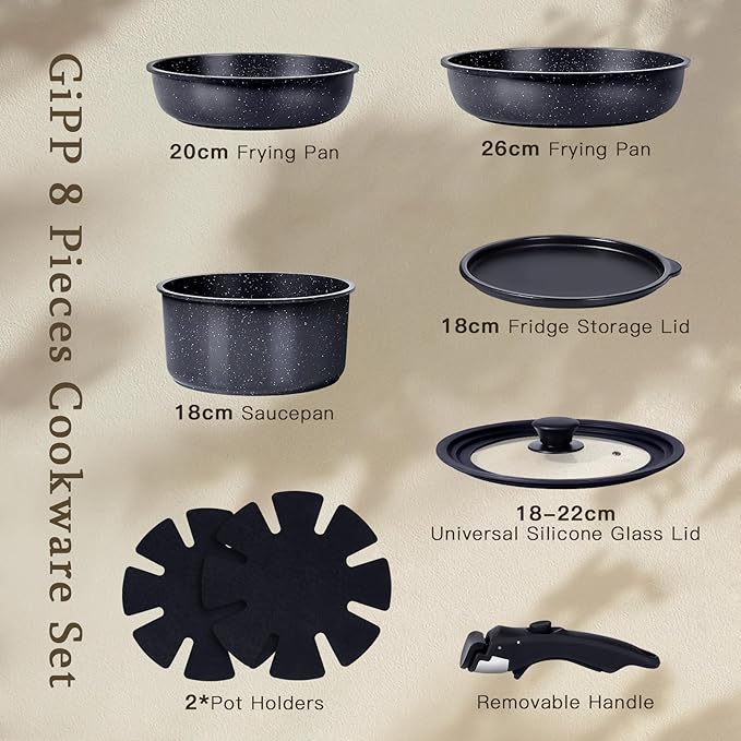 GiPP Ceramic Non Stick Pots and Pans Set,Nonstick Detachable Handle Cookware Sets,Healthy Non Toxic