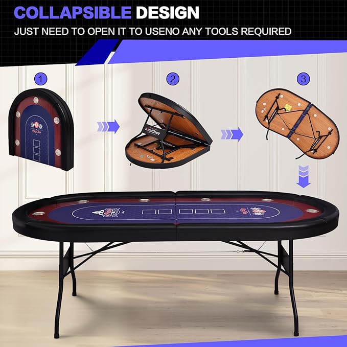 86" Foldable Poker Table, 10-Player Large Folding Texas Holdem Blackjack Table with Cup Holders