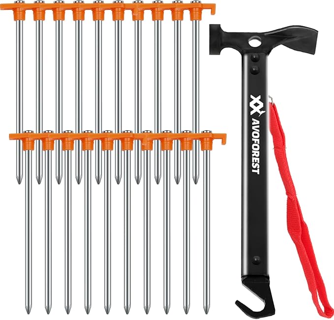 20 Pcs Tent Stakes with Camping Hammers,Avoforest 7.1 Inch Non-Rust Metal Tent Pegs + Portable Tent