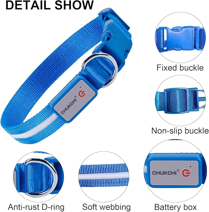 CHUKCHI LED Dog Collar Rechargeable,Waterproof Flashing Collar,Light Up Glow Collar, Adjustable