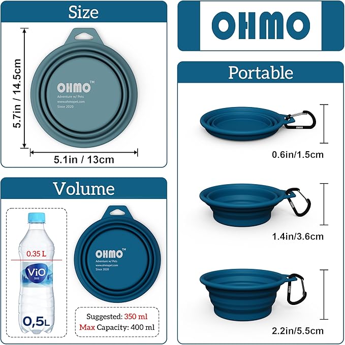 OHMO Collapsible Dog Bowl(2 Pack, Peacock&Light Blue 12oz/400ml) Premium Silicone Pet Water Bowls