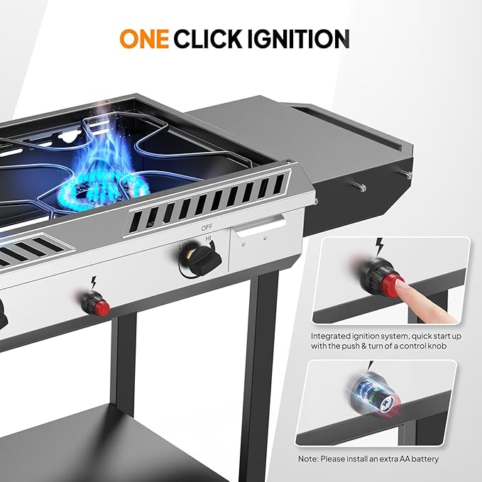 Bonnlo 2 Burner Propane Gas Burner with Auto Ignition, 150000 BTU Camping Stove with Storage Shelf