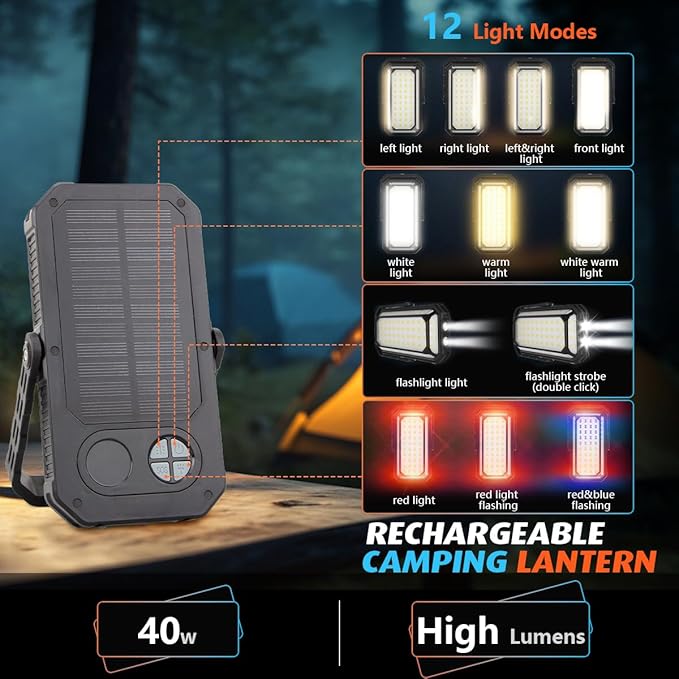 10000mAh Rechargeable LED Camping Lantern with LCD Display, 12 Light Modes, Dimmable & Waterproof