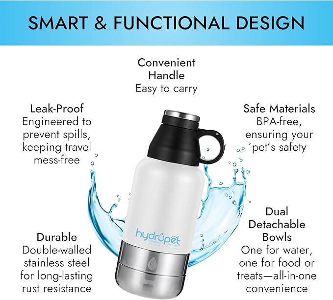 Hydropet Portable Dog Water Bottle (32 oz) - Insulated Dogs & Cats Travel Bottles, Stainless Steel