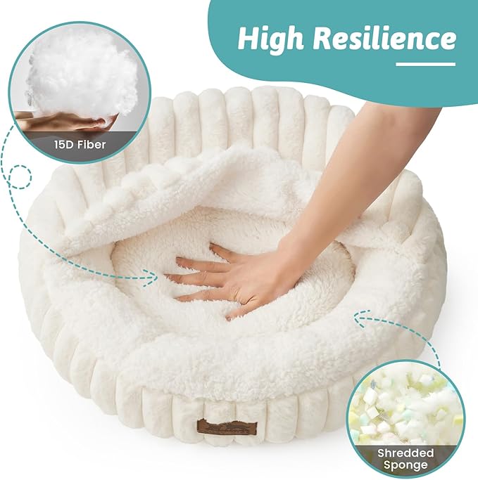 Cat Bed with Hooded Blanket, Round Fluffy Anti-Anxiety Pet Bed for Cats/Small Dogs, Cozy Donut