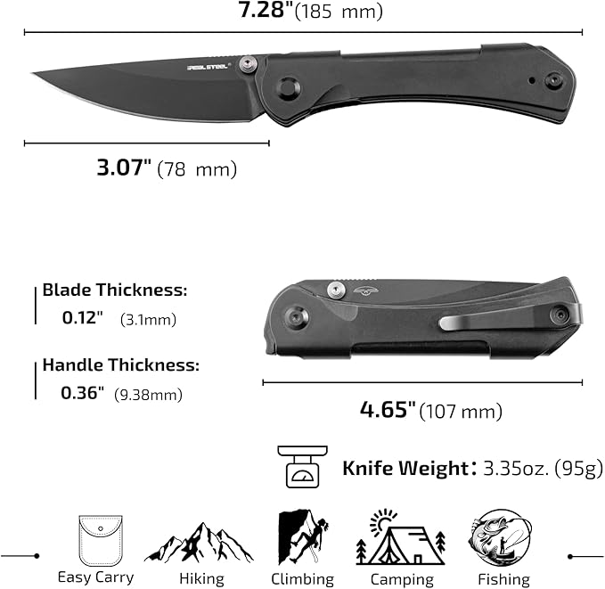 REALSTEEL SYLPH Folding Pocket Knife, Liner Lock, 3.07" Nitro-V Steel Black PVD Blade, Thumb Stud