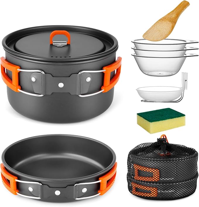 Odoland 9pcs Camping Cookware Non-Stick Lightweight Pots and Pans Set with Plastic Bowls Soup Spoon