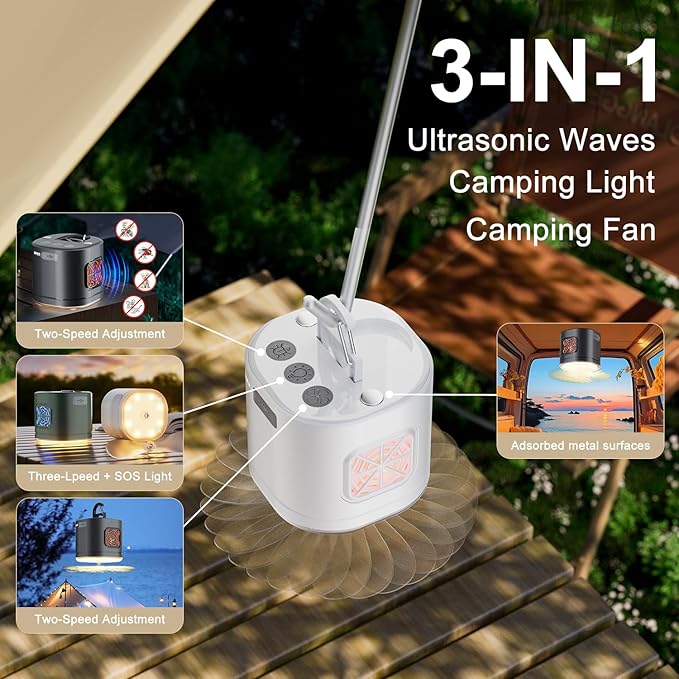 Portable Camping Light Camping Fan & Ultrasonic 3-in-1 Tent Lights USB Rechargeable 1200mAh Battery