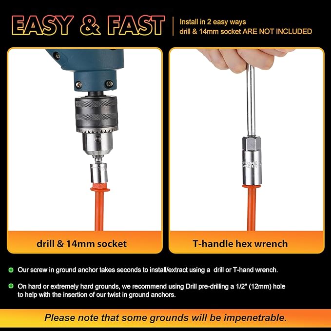 8 Pcs Ground Anchors Screw in, 12 Inch Heavy Duty Tent Stakes with Trampoline Anchor Hook Ground