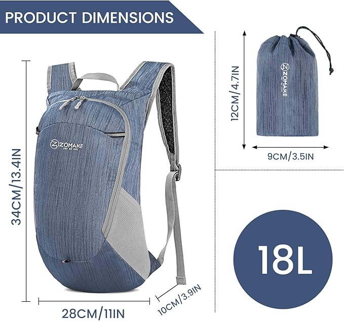 ZOMAKE Ultra Lightweight Packable Backpack 18L, Small Foldable Hiking Backpacks Water Resistant
