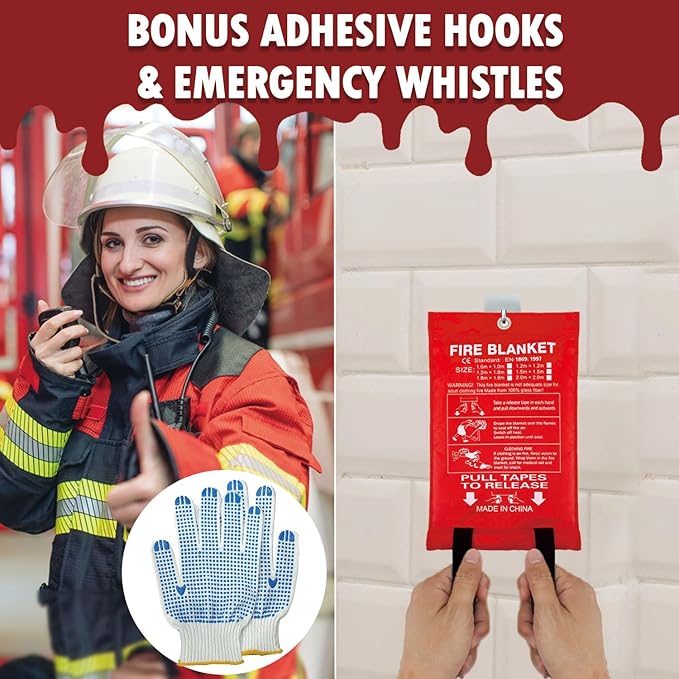 MDH Fire Blanket 40x40 inches Fiberglass w/Gloves Hooks Whistle - Fireproof Safety for Home Kitchen