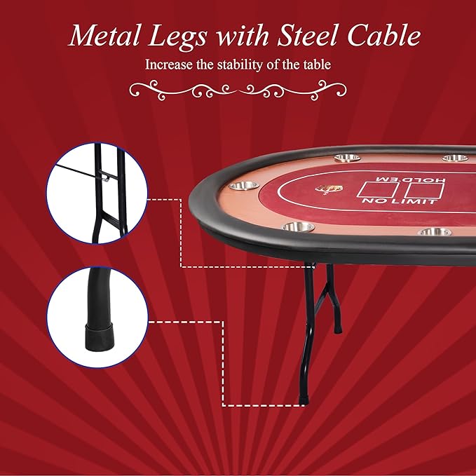 10 Players Oval Poker Table with Padded Rails, Folding Casino-Style Texas Wood Grain Game Poker