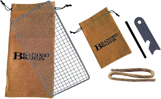 Portable Bushcraft Stainless BBQ Cooking Grill Grate, Bamboo Cutting Board, Burlap Bag, Mini Knife