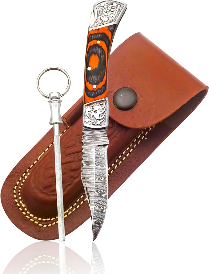 Handmade Damascus Pocket Knife for Men - 7.2 Inches Engraved Steel Damascus Folding Pocket Knife