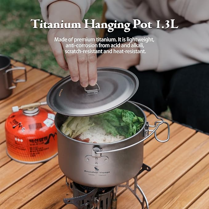 iBasingo 1.3L (1300ml) Titanium Pot with Lid Lightweight Backpacking Cook Pot for Solo Camping