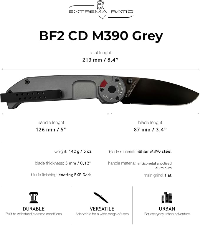 Extrema Ratio - BF2 CD M390 (Grey) Folding Knife, M390 steel blade 60 HRC, grey satin finish