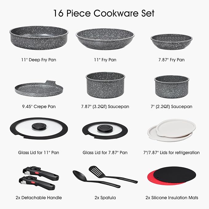 ROSSETTO 16pcs Aluminium Nonstick Pots and Pans Set from France with detachable Handle, Stackable