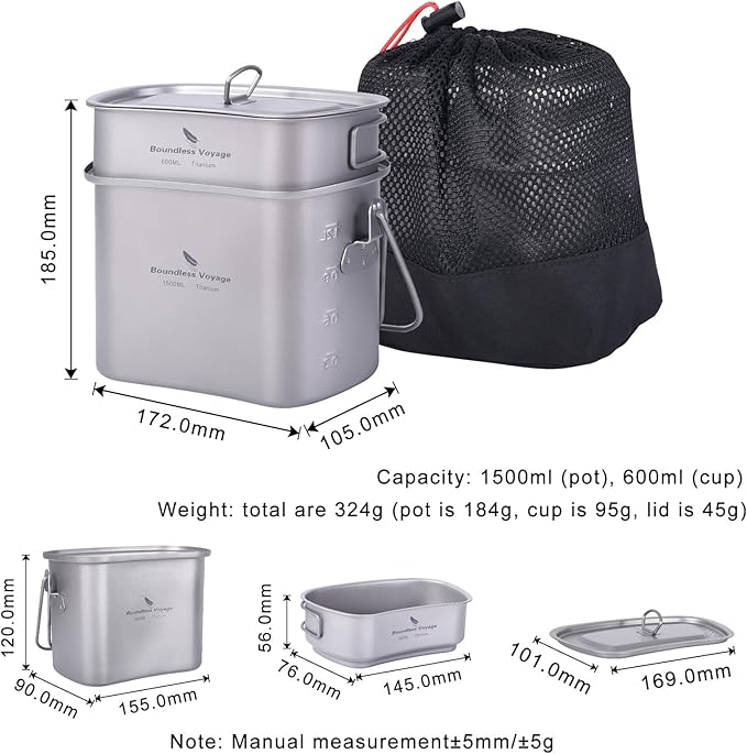 Boundless Voyage Titanium Mess Kit Hanging Pot Cup with Lid Folding Handles Outdoor Camping Cooking