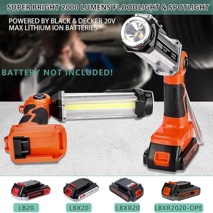 Cordless LED Work Light for Black & Decker 20V Li-ion Battery, 35W 2000LM Outdoor Flashlight